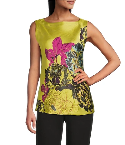 IC Collection Jacquard Bloom Boat Neck Sleeveless Top