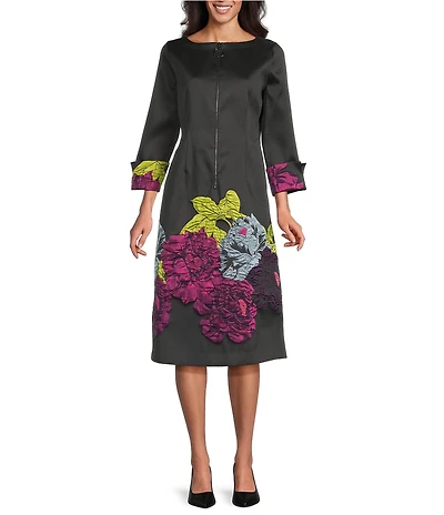 IC Collection Jacquard Bloom Round Neck Bracelet Sleeve Zip Front Midi Dress