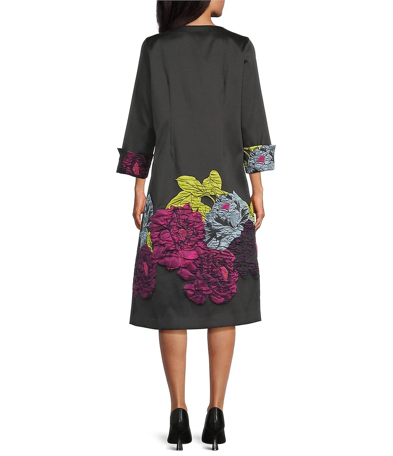 IC Collection Jacquard Bloom Round Neck Bracelet Sleeve Zip Front Midi Dress