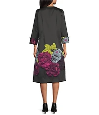 IC Collection Jacquard Bloom Round Neck Bracelet Sleeve Zip Front Midi Dress