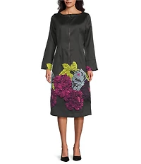 IC Collection Jacquard Bloom Round Neck Bracelet Sleeve Zip Front Midi Dress