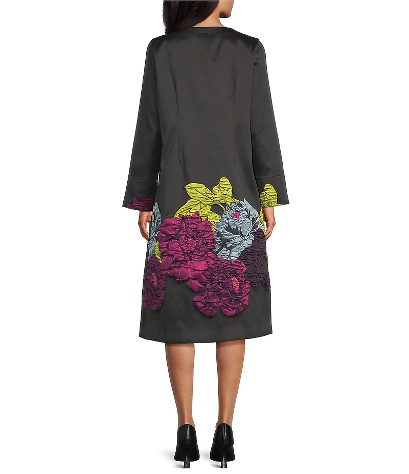 IC Collection Jacquard Bloom Round Neck Bracelet Sleeve Zip Front Midi Dress