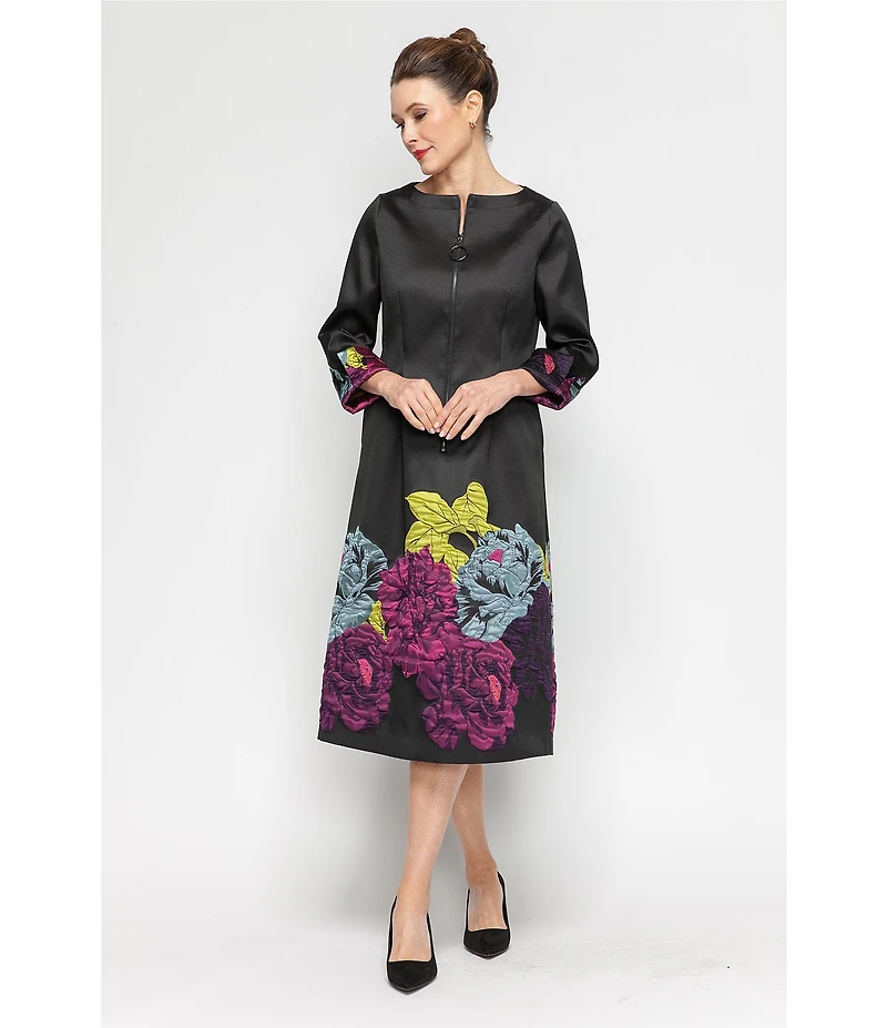 IC Collection Jacquard Bloom Round Neck Bracelet Sleeve Zip Front Midi Dress