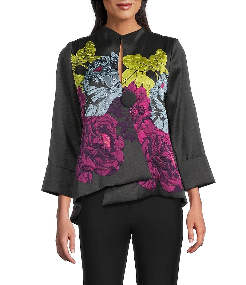IC Collection Jacquard Bloom Stand Collar Bracelet Sleeve Asymmetrical Jacket