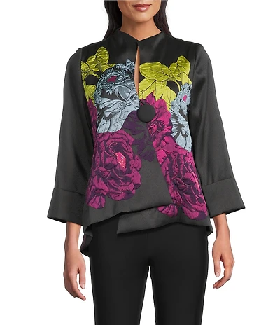 IC Collection Jacquard Bloom Stand Collar Bracelet Sleeve Asymmetrical Jacket