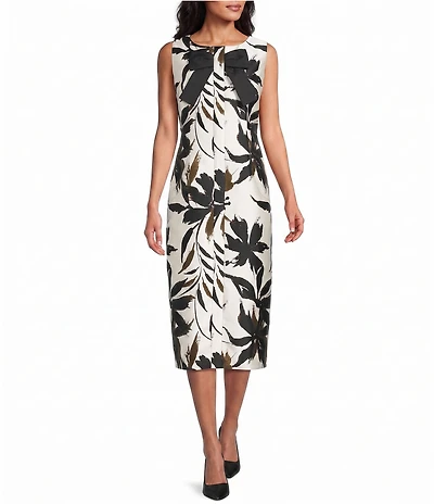IC Collection Jacquard Woven Floral Metallic Boat Neck Sleeveless Coordinating Dress