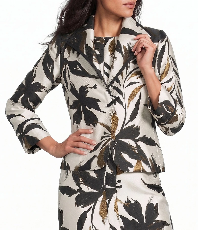 IC Collection Jacquard Woven Floral Metallic Spread Neck Bracelet Sleeve One-Button Jacket
