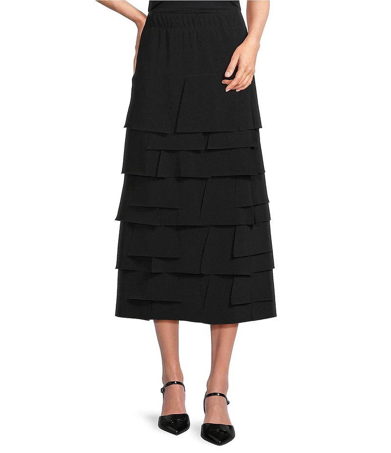 IC Collection Knit Asymmetrical Patch Tiered High Rise Midi Skirt
