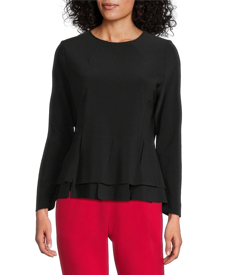 IC Collection Knit Asymmetrical Tiered Round Neck Long Sleeve Flap Top