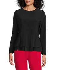 IC Collection Knit Asymmetrical Tiered Round Neck Long Sleeve Flap Top