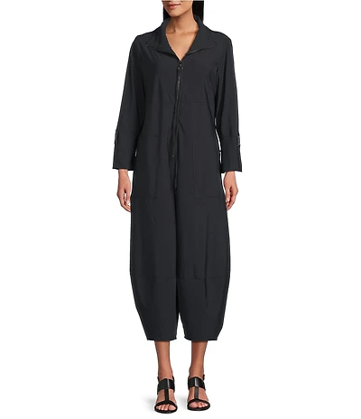 IC Collection Knit Collar Neck Zip Front Long Sleeve Barrel Crop Jumpsuit