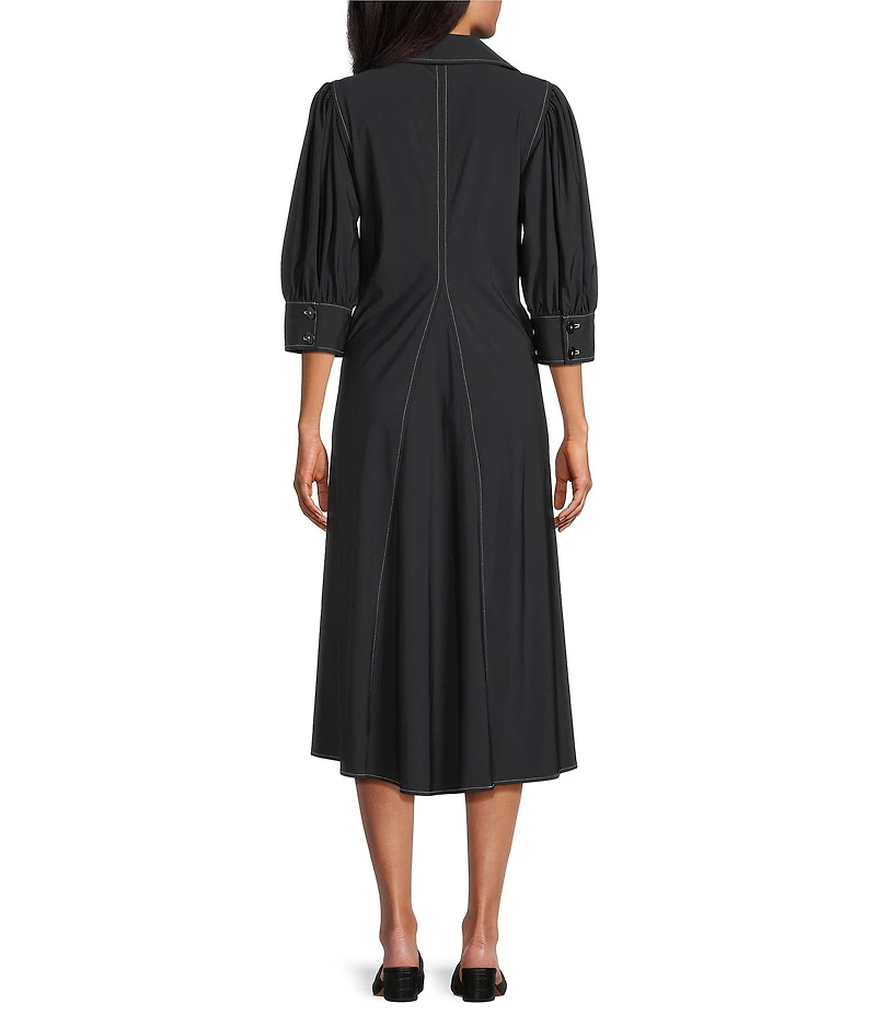IC Collection Knit Collar V-Neck Elbow Puff Sleeve Fit-An-Flare Midi Dress