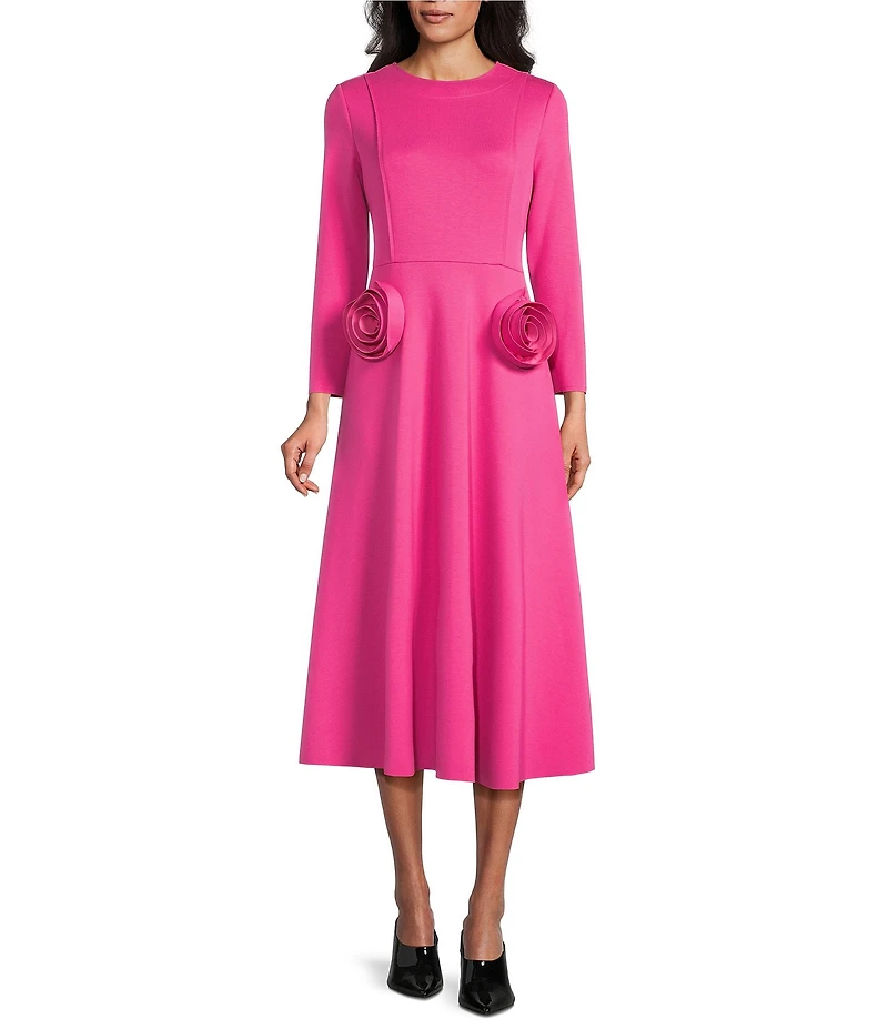 IC Collection Knit Floral Patch Appliques Round Neck Long Sleeve Fit & Flare Midi Dress