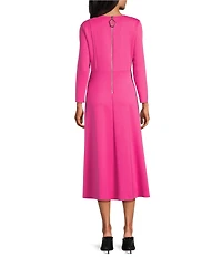 IC Collection Knit Floral Patch Appliques Round Neck Long Sleeve Fit & Flare Midi Dress