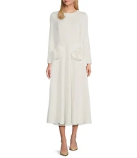 IC Collection Knit Floral Patch Appliques Round Neck Long Sleeve Fit & Flare Midi Dress