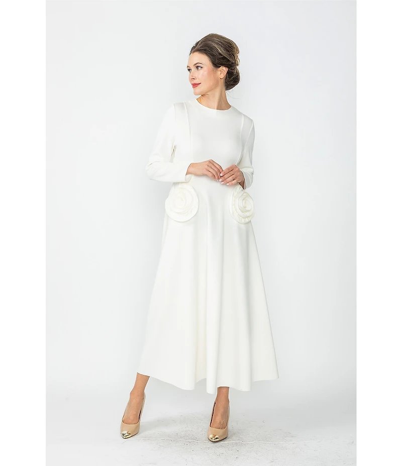 IC Collection Knit Floral Patch Appliques Round Neck Long Sleeve Fit & Flare Midi Dress