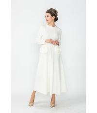 IC Collection Knit Floral Patch Appliques Round Neck Long Sleeve Fit & Flare Midi Dress