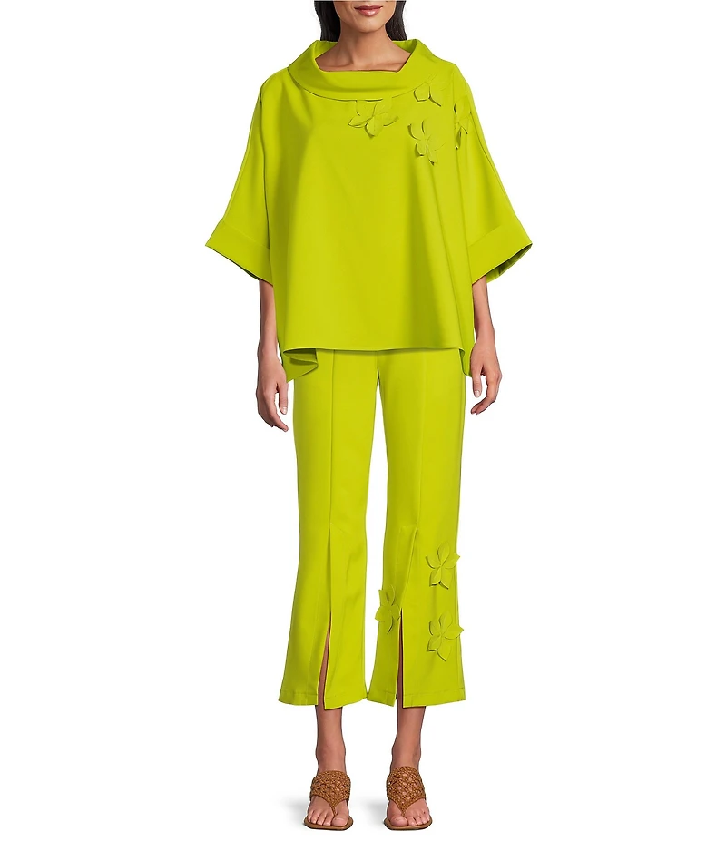 IC Collection Knit Fold Funnel Neck Elbow Sleeve Floral Applique Tunic