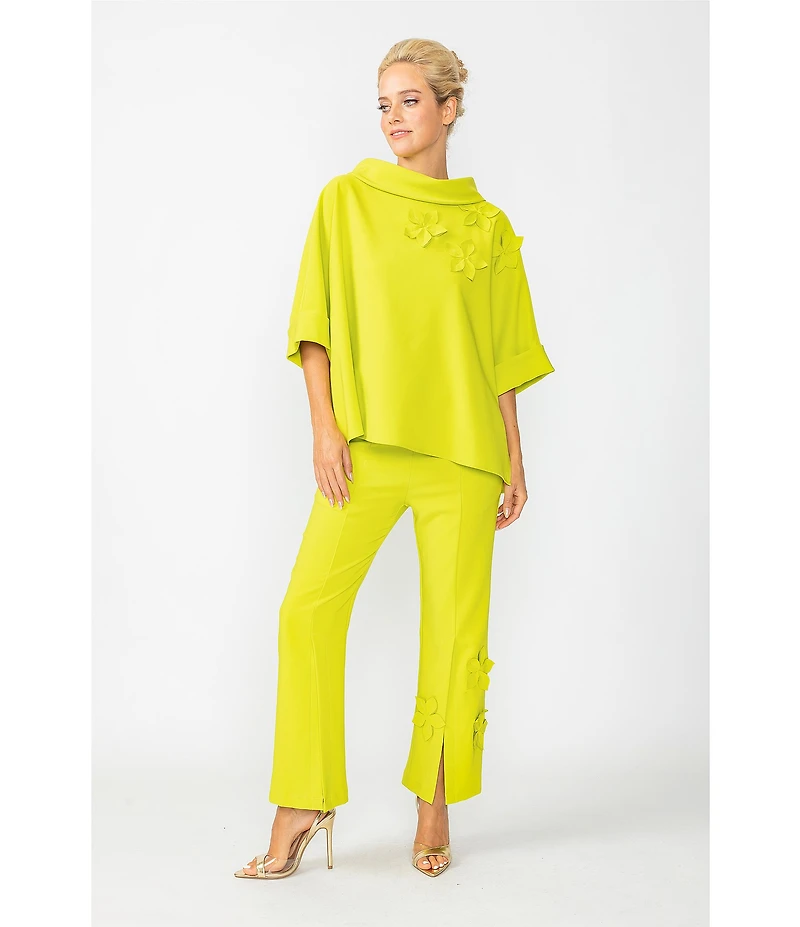 IC Collection Knit Fold Funnel Neck Elbow Sleeve Floral Applique Tunic