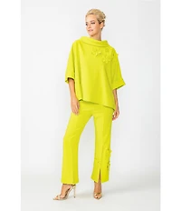 IC Collection Knit Fold Funnel Neck Elbow Sleeve Floral Applique Tunic