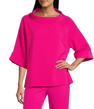 IC Collection Knit Fold Funnel Neck Elbow Sleeve Floral Applique Tunic