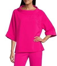 IC Collection Knit Fold Funnel Neck Elbow Sleeve Floral Applique Tunic