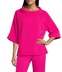 IC Collection Knit Fold Funnel Neck Elbow Sleeve Floral Applique Tunic