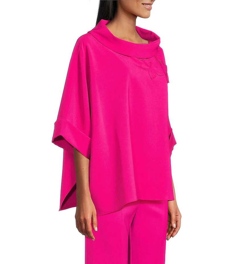 IC Collection Knit Fold Funnel Neck Elbow Sleeve Floral Applique Tunic