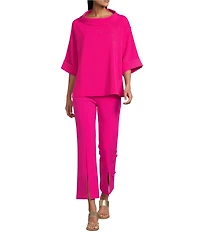 IC Collection Knit Fold Funnel Neck Elbow Sleeve Floral Applique Tunic