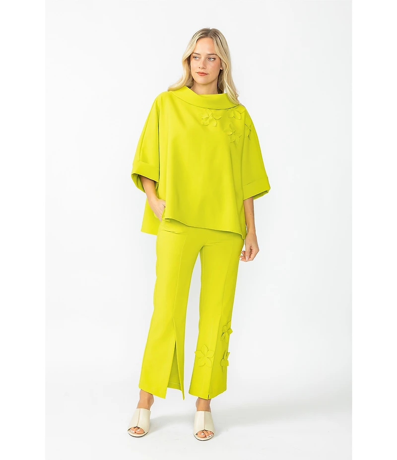 IC Collection Knit Front Slit 3D Floral Pull-On Pants