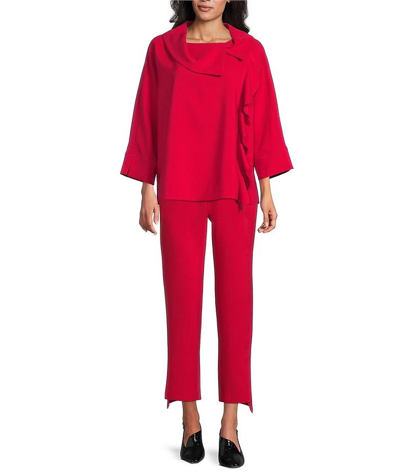 IC Collection Knit Funnel Fold Over Neck 3/4 Sleeve Ruffle Tunic