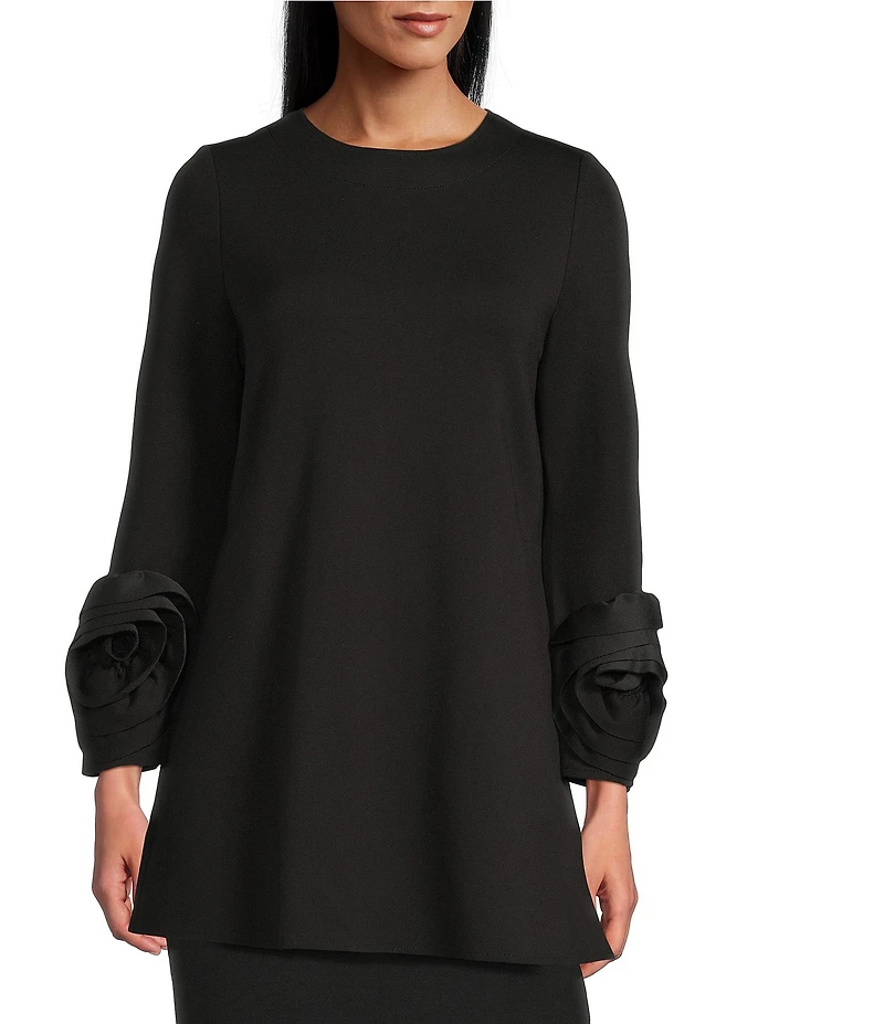 IC Collection Knit Round Neck Long Sleeve Rosette Cuff Tunic