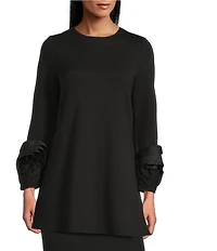 IC Collection Knit Round Neck Long Sleeve Rosette Cuff Tunic