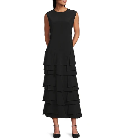 IC Collection Knit Round Neck Sleeveless Tiered Ruffle Asymmetrical Maxi Dress