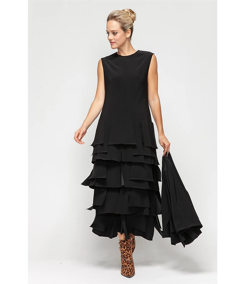 IC Collection Knit Round Neck Sleeveless Tiered Ruffle Asymmetrical Maxi Dress