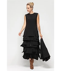 IC Collection Knit Round Neck Sleeveless Tiered Ruffle Asymmetrical Maxi Dress