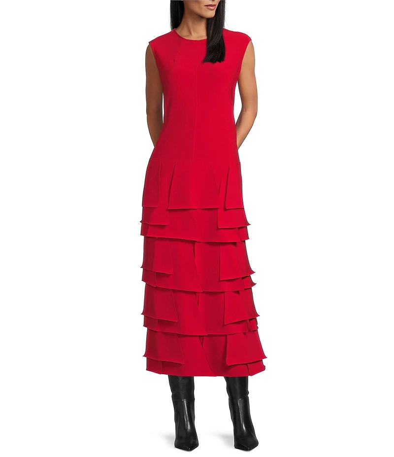 IC Collection Knit Round Neck Sleeveless Tiered Ruffle Asymmetrical Maxi Dress