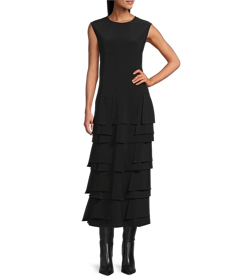 IC Collection Knit Round Neck Sleeveless Tiered Ruffle Asymmetrical Maxi Dress