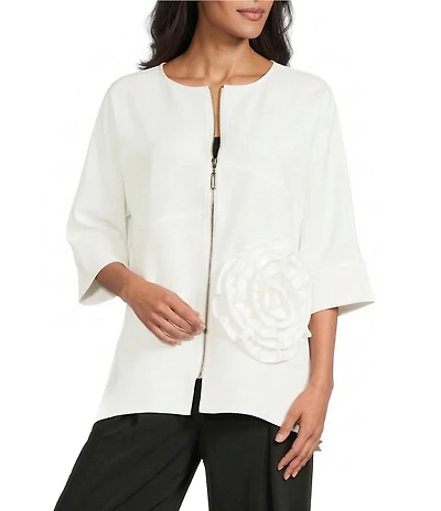 IC Collection Knit Scoop Neck Elbow Sleeve Flower Applique Jacket