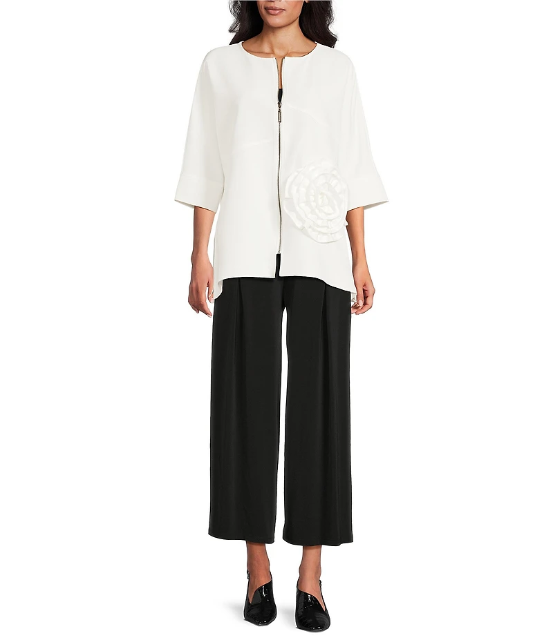 IC Collection Knit Scoop Neck Elbow Sleeve Flower Applique Jacket