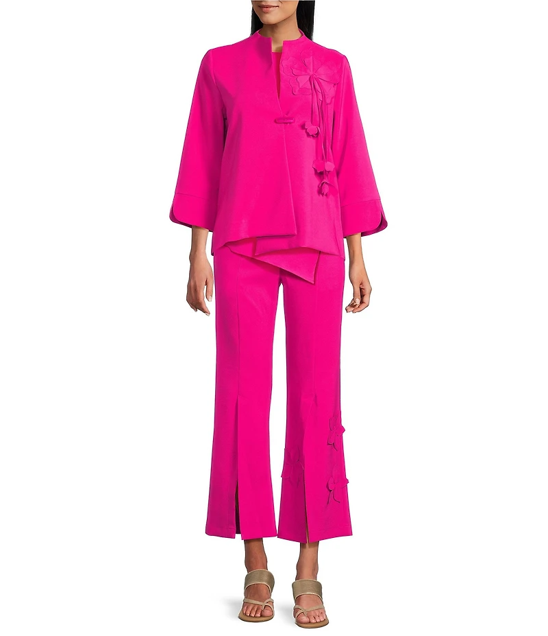 IC Collection Knit Stand Collar Bracelet Sleeve 3D Flower Applique Asymmetrical Hem Jacket