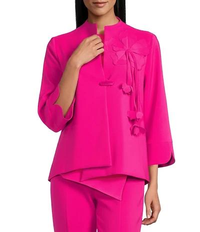 IC Collection Knit Stand Collar Bracelet Sleeve 3D Flower Applique Asymmetrical Hem Jacket