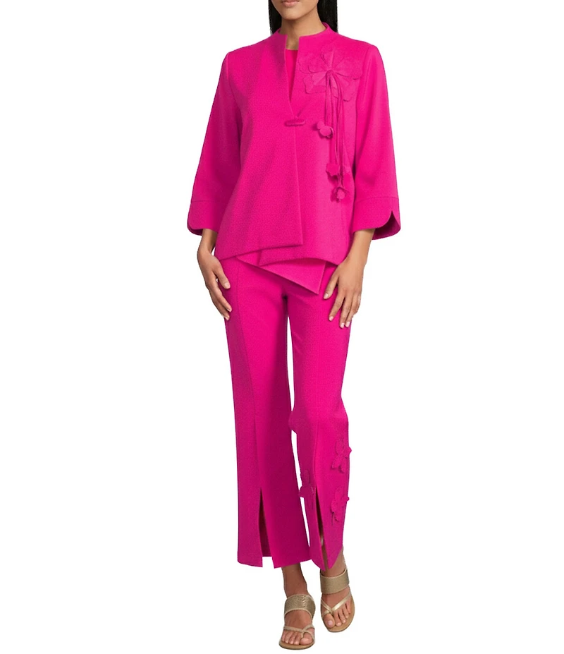 IC Collection Knit Stand Collar Bracelet Sleeve 3D Flower Applique Asymmetrical Hem Jacket