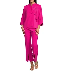 IC Collection Knit Stand Collar Bracelet Sleeve 3D Flower Applique Asymmetrical Hem Jacket