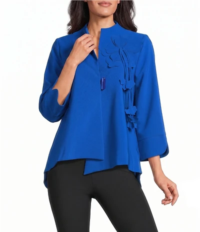 IC Collection Knit Stand Collar Bracelet Sleeve 3D Flower Applique Asymmetrical Hem Jacket