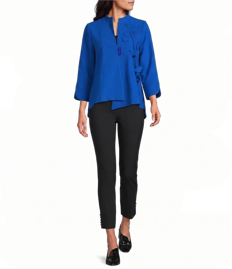 IC Collection Knit Stand Collar Bracelet Sleeve 3D Flower Applique Asymmetrical Hem Jacket