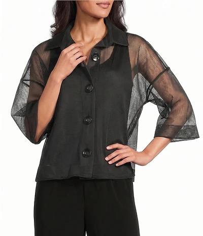 IC Collection Mesh Knit Point Collar 3/4 Sleeve Button-Front Jacket