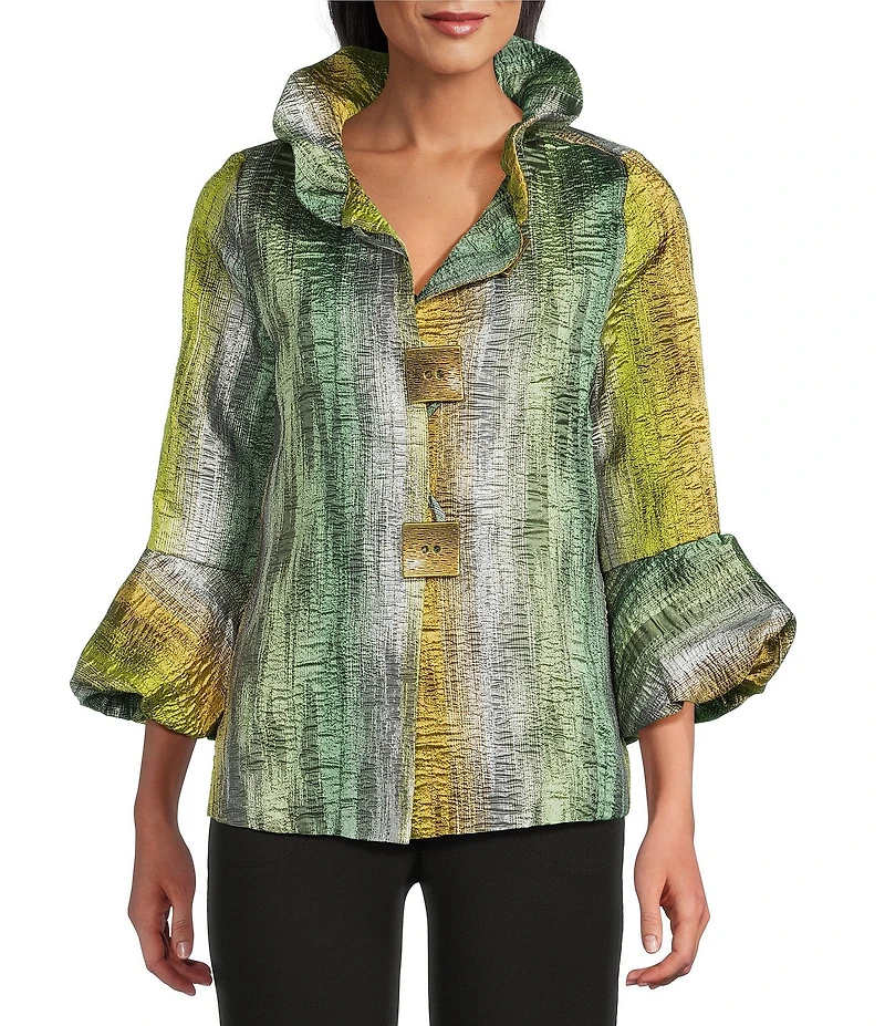 IC Collection Metallic Gradien Stand Ruffle Neck Bracelet Puff Sleeve Jacket