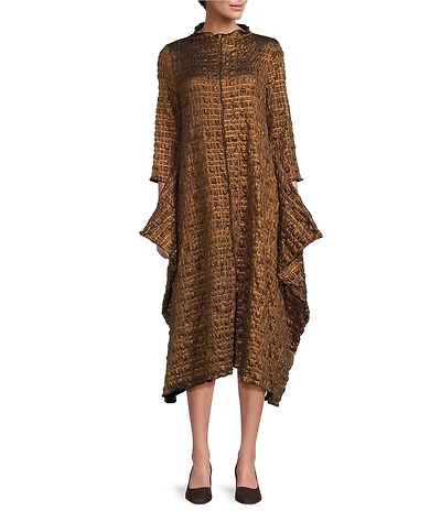 IC Collection Metallic Pucker Funnel Neck Long Sleeve Asymmetrical Dress