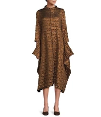 IC Collection Metallic Pucker Funnel Neck Long Sleeve Asymmetrical Dress